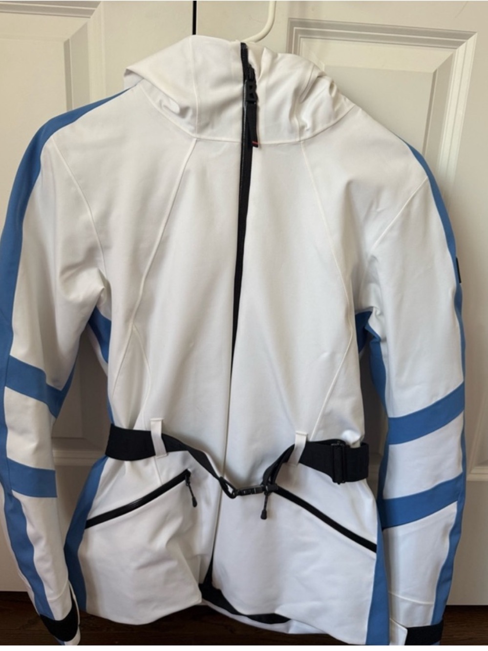 Bogner White and Light Blue Hooded Ski Jacket with Black Trim
